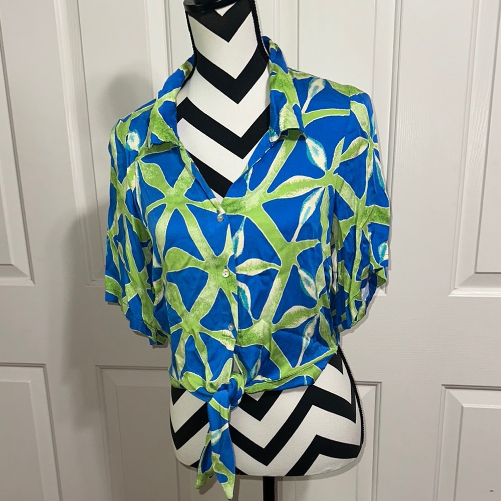 HAUTE HIPPIE Blue and Green Patterned Cropped Blouse